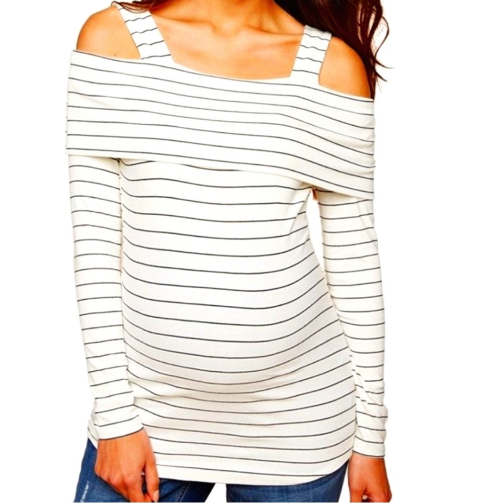 Motherhood Maternity Striped Off the Shoulder Sweater Black and White Size XL